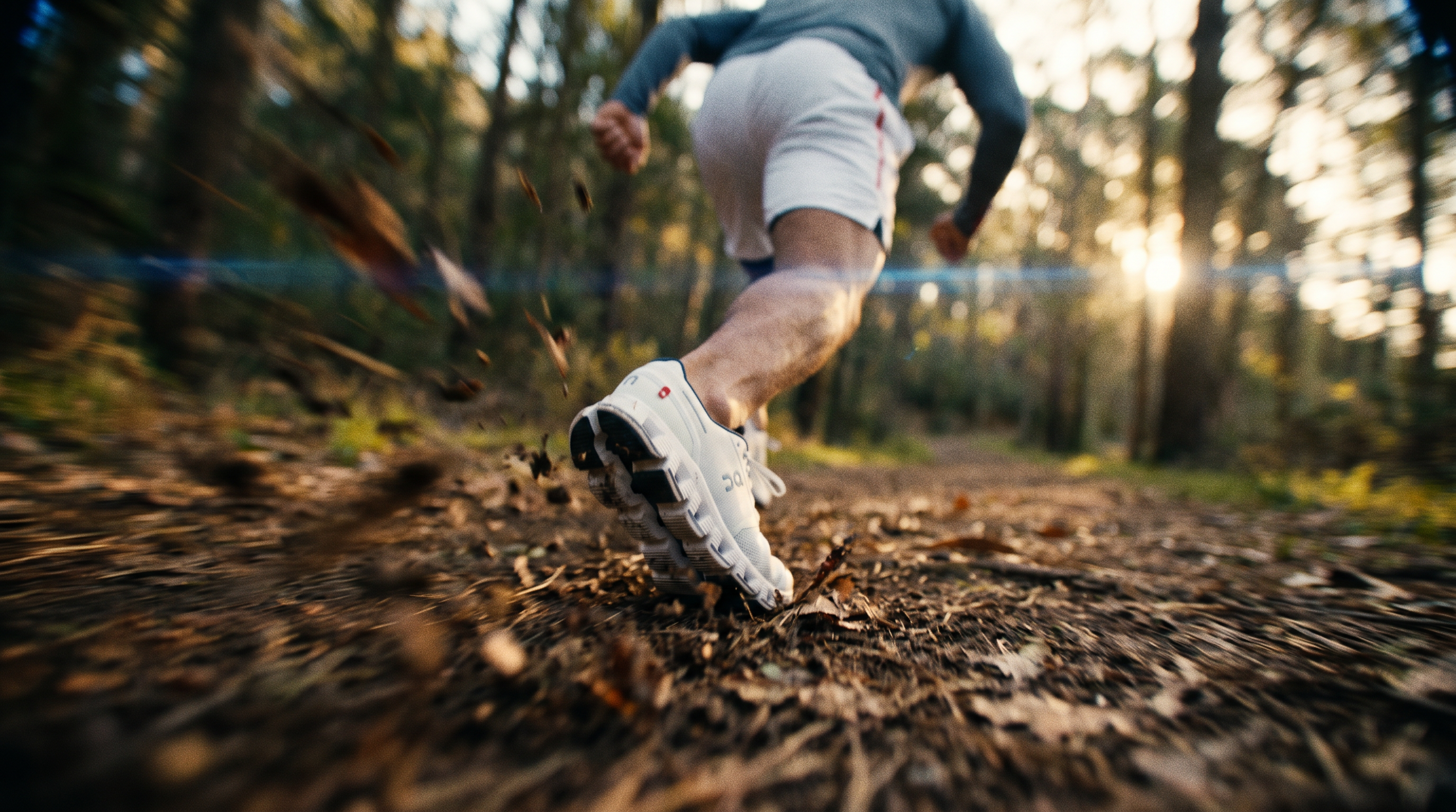 Runner in forest — low angle